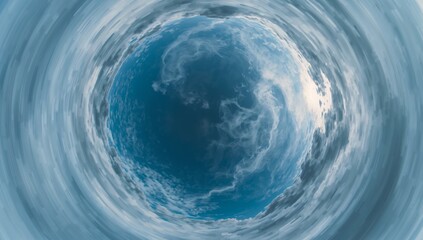 Swirling central cloud vortex forming in expansive sky tunnel, showcasing wispy cloud strands