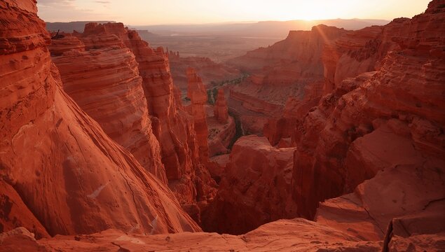 Presenting red sandstone canyon glowing at sunset, with layered cliffs and rock spires - Powered by Adobe