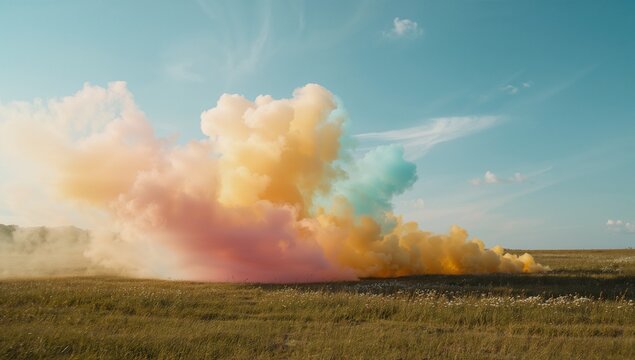 Billowing large pastel smoke cloud rising over grassy meadow, with scattered wildflowers - Powered by Adobe