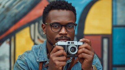 Photographer wearing denim jacket and glasses holding vintage camera at sidewalk mural, with strap