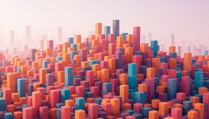 Obraz premium Displaying dense prism cluster rising in 3D digital cityscape, bright gradient skyscrapers