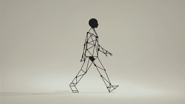 Stepping wireframe humanoid figure advancing in studio, with metal rods and triangular joints - Powered by Adobe