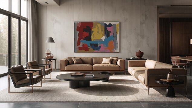 Displaying tan sofas facing round black coffee table in modern living room, with abstract painting - Powered by Adobe