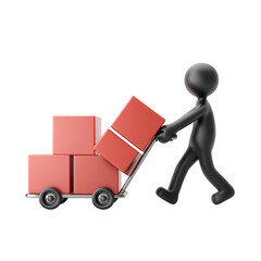 3D Render of Stick Figure Pushing Hand Truck with Boxes