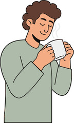 Design man drinking coffee mug hot beverage steam aroma relaxation enjoyment morning routine cartoon illustration verctor art illustration png