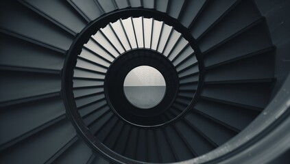 Fototapeta premium Revealing spiral staircase rising upward in stairwell, with metal handrail and circular opening