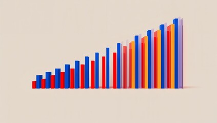 Displaying 3D bar sequence ascending on beige surface, with red blue orange translucent purple