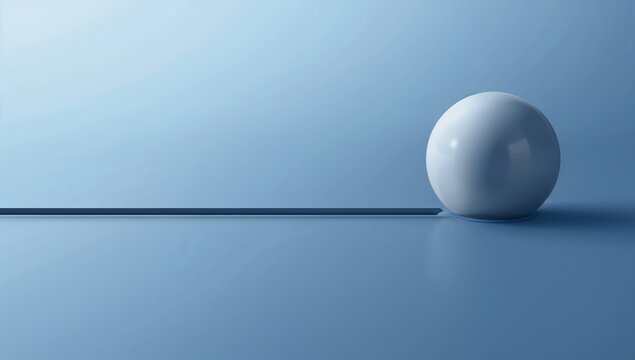 Resting glossy white sphere reflecting on smooth blue surface, with thin dark line, copy space
