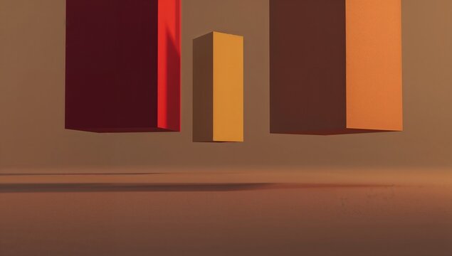 Floating red yellow orange prisms casting shadows on tan studio floor under warm light, copy space