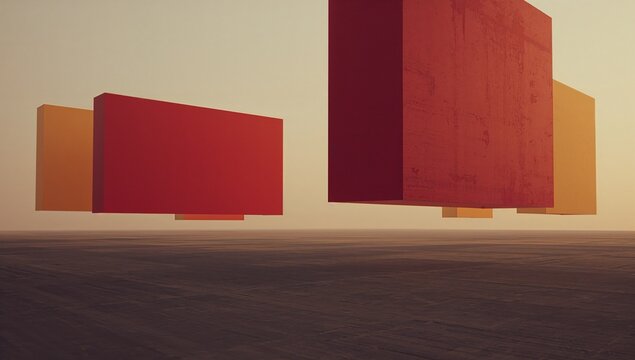 Hovering large red prism above textured plane in open space, with medium red and orange prisms - Powered by Adobe