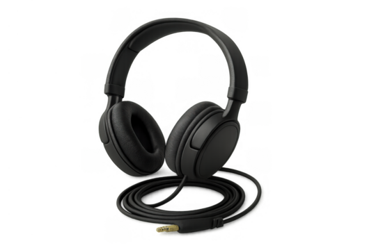 Black over-ear headphones with audio jack and coiled cable, experiencing sound and listening to music