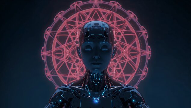 Glowing android revealing chest light in dark void, with neon red halo and blue circuits