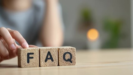 Close up view of a person's hand arranging wooden blocks to spell out faq, representing the concept of frequently asked questions, customer support, and providing essential information - Powered by Adobe