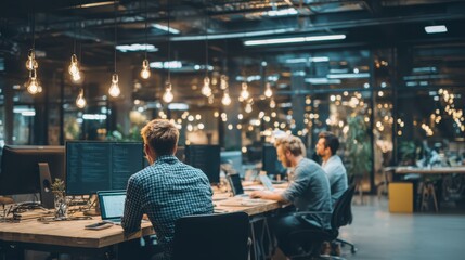 Modern Open-Plan Office with Focused Professionals Working on Computers Under Ambient Lighting