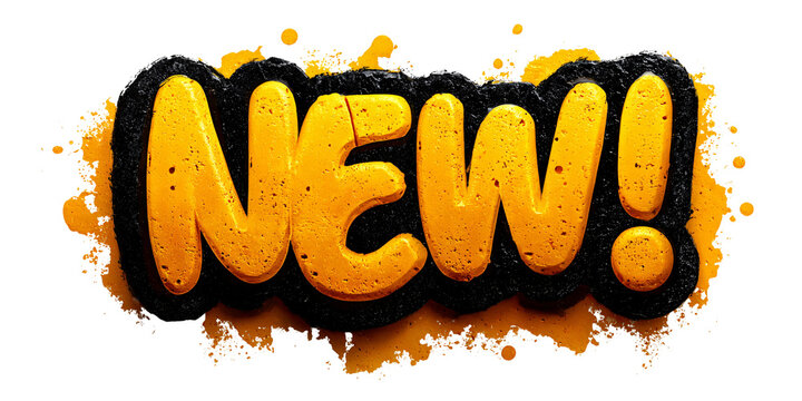 Bold Yellow NEW Text with Black Outline and Splatter Effect on Isolated Background Concept of Promotion, Announcement, and Modern Design