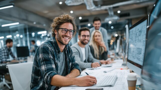 Creative Team Collaborating in Modern Office Environment with Laptops and Architectural Blueprints

