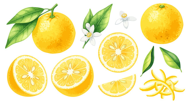 ゆず（柚子/柑橘類）の果実、断面、皮、花のイラストセット,素材,果物,冬,和風,水彩風