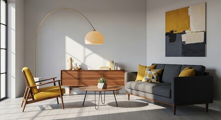 minimalist mid century modern living room interior,
