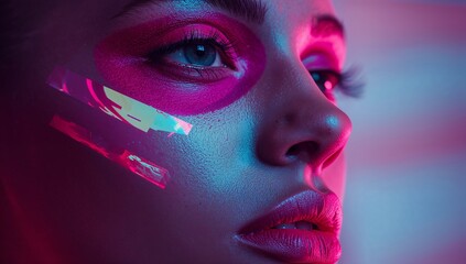 Illuminating model face showing dewy skin in studio, with neon pink eye circle and tape accents