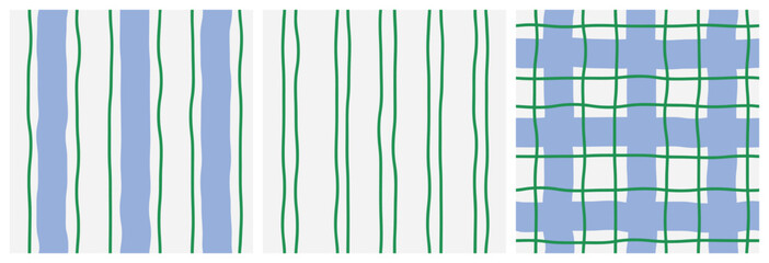 Set of abstract seamless patterns of vertical blue thick and green thin wavy stripes in a row and checkered pattern on a light background; simple hand drawn vector illustration, drawing, flat style