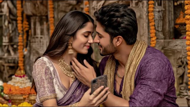 Romantic moments of a young indian couple taking selfies and sharing a kiss, dressed in traditional attire