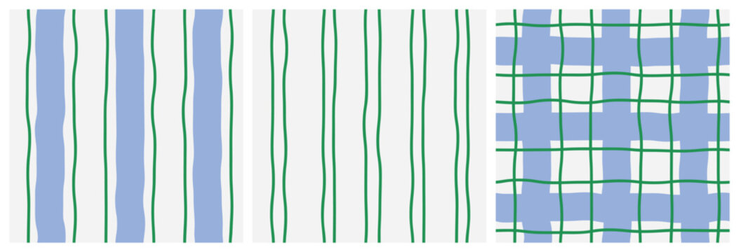 Set of abstract seamless patterns of vertical blue thick and green thin wavy stripes in a row and checkered pattern on a light background; simple hand drawn vector illustration, drawing, flat style