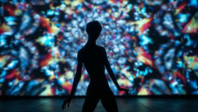 Standing dancer silhouette extending arms on dark stage floor, with multicolored screen projection - Powered by Adobe
