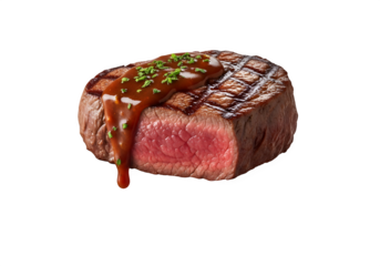 A perfectly cooked portion of meat with a rich sauce drizzled on top, isolated on a white or transparent background, PNG, perfect for gourmet dining, culinary presentations, and healthy meals