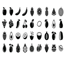 A delightful assortment of fruit icons, including apples, bananas, strawberries, pineapples, plums, watermelons, grapes, mangoes, blueberries, peaches, and cherries isolated on white background