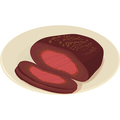 Illustration of a cross-section of cooked meat on a plate with two slices cut ready for serving presented on a light cream circular plate with a subtle speckled  