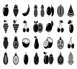 A delightful assortment of fruit icons, including apples, bananas, strawberries, pineapples, plums, watermelons, grapes, mangoes, blueberries, peaches, and cherries isolated on white background
