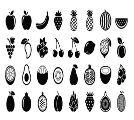 A delightful assortment of fruit icons, including apples, bananas, strawberries, pineapples, plums, watermelons, grapes, mangoes, blueberries, peaches, and cherries isolated on white background