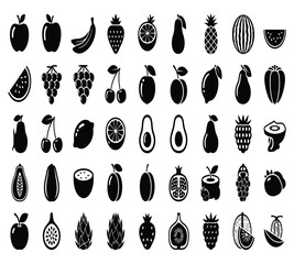 A delightful assortment of fruit icons, including apples, bananas, strawberries, pineapples, plums, watermelons, grapes, mangoes, blueberries, peaches, and cherries isolated on white background