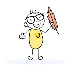 Design stick figure writer illustration with feather pen ink bottle and glasses on black background art draw verctor art illustration png