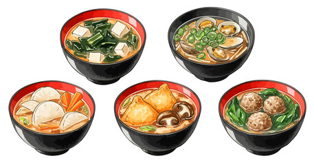 豆腐、わかめ、あさり、根菜など様々な味噌汁のイラストセット,具材,和食,汁物,健康