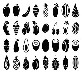 A delightful assortment of fruit icons, including apples, bananas, strawberries, pineapples, plums, watermelons, grapes, mangoes, blueberries, peaches, and cherries isolated on white background