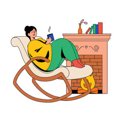 Design woman reading book by fireplace in rocking chair enjoying cozy time home relaxation winter holiday season verctor art illustration png