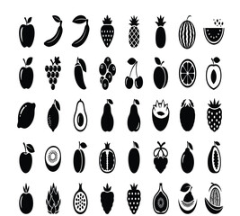 A delightful assortment of fruit icons, including apples, bananas, strawberries, pineapples, plums, watermelons, grapes, mangoes, blueberries, peaches, and cherries isolated on white background