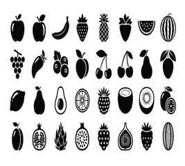 A delightful assortment of fruit icons, including apples, bananas, strawberries, pineapples, plums, watermelons, grapes, mangoes, blueberries, peaches, and cherries isolated on white background