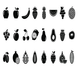 A delightful assortment of fruit icons, including apples, bananas, strawberries, pineapples, plums, watermelons, grapes, mangoes, blueberries, peaches, and cherries isolated on white background