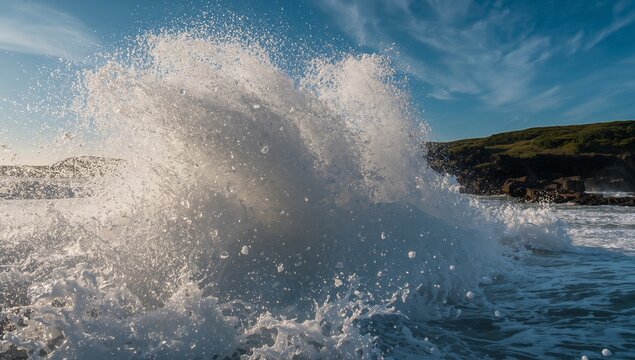 Crashing large ocean wave hitting rocky coast and grassy hill, spraying foam under wispy clouds - Powered by Adobe