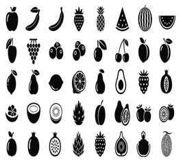 A delightful assortment of fruit icons, including apples, bananas, strawberries, pineapples, plums, watermelons, grapes, mangoes, blueberries, peaches, and cherries isolated on white background