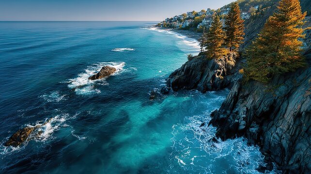 Aerial View of Ogunquit Maine Rocky Coastline &mdash; Atlantic Ocean Meets New England Forest, High-Resolution Scenic Landscape for Travel Promotion, Wall Art, and Web Background Design