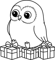 Cute Cartoon Owl Sitting on Christmas Presents Illustration
