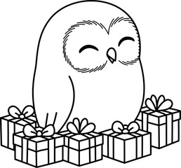 Cute Cartoon Owl Happy with Gifts Line Art
