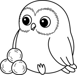 Cute Cartoon Owl with Snowballs Line Art