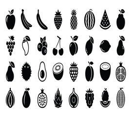 A delightful assortment of fruit icons, including apples, bananas, strawberries, pineapples, plums, watermelons, grapes, mangoes, blueberries, peaches, and cherries isolated on white background