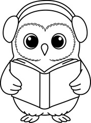 Cute Cartoon Owl Reading Book with Headphones Line Art