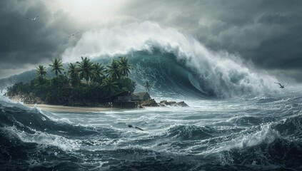 Naklejka premium Towering wave looming over tropical coast, with palm-fringed huts, rocky sandy shore and seabirds