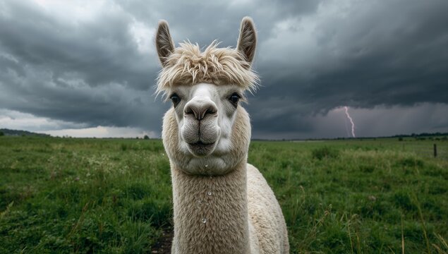 Standing alpaca in field, with wet fur, water droplets, fence-posts, storm clouds, lightning bolt - Powered by Adobe